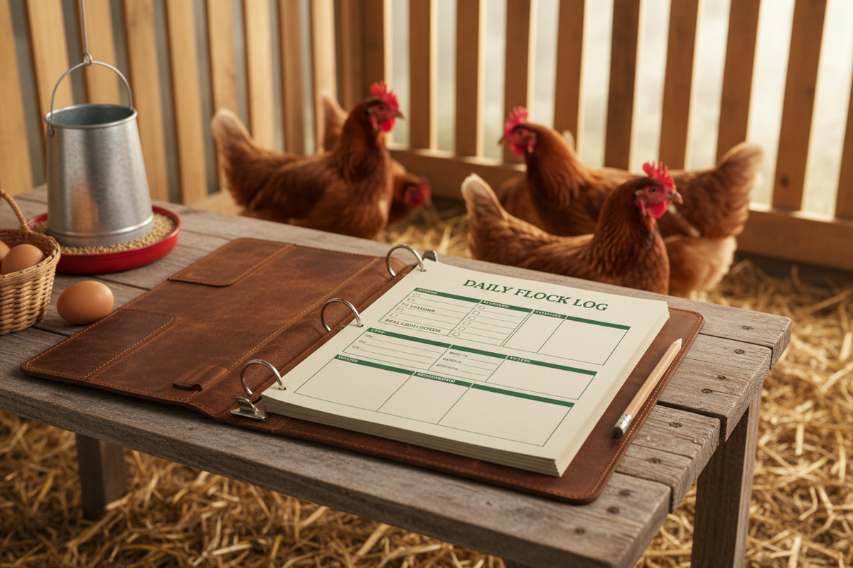 Daily Flock Log binder in a chicken coop