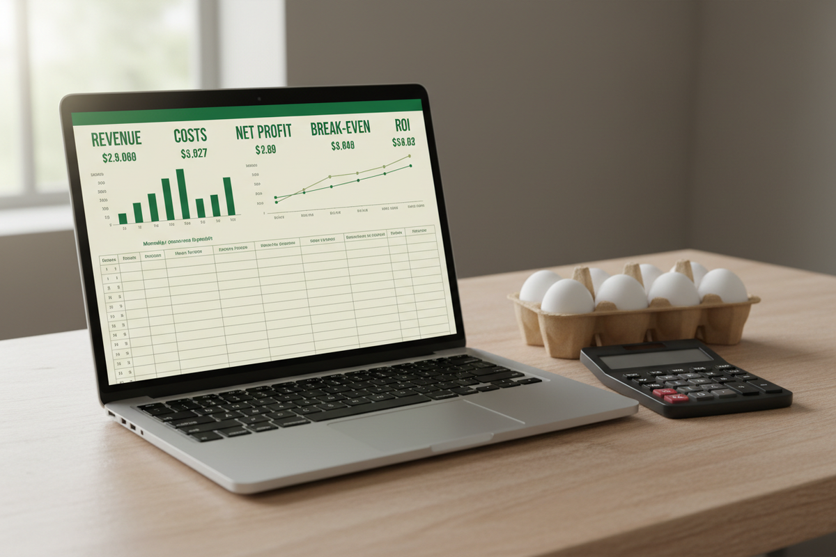 Flock profitability spreadsheet dashboard showing revenue, costs, net profit, break-even price, and ROI
