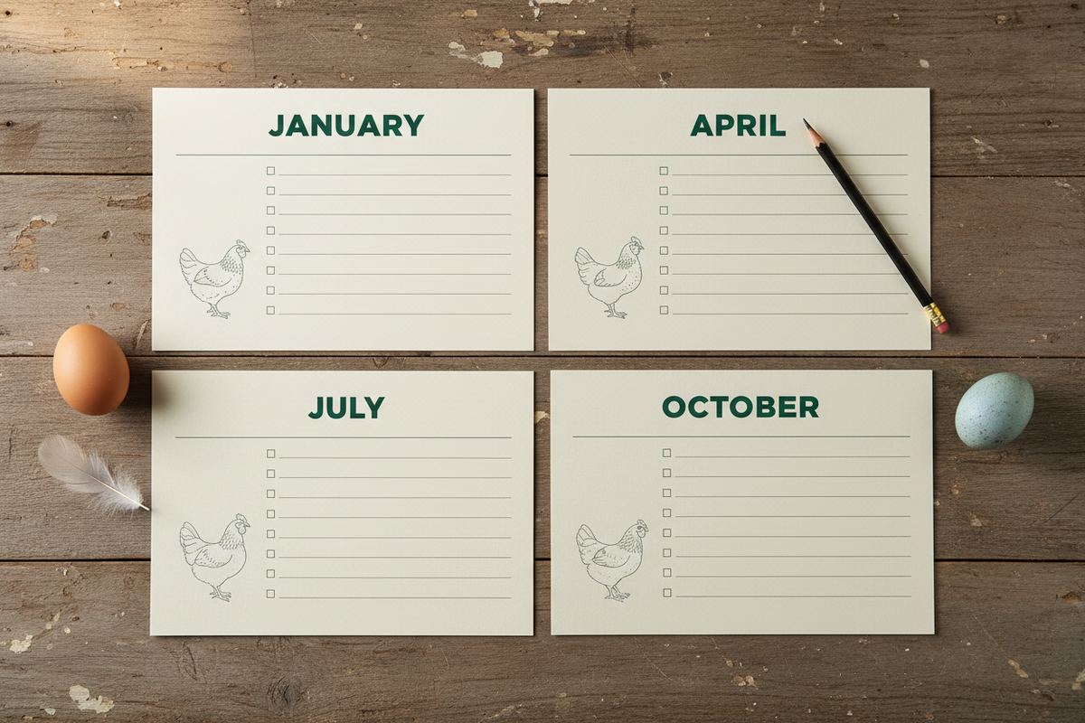 January, April, July, and October printable flock care calendar page previews