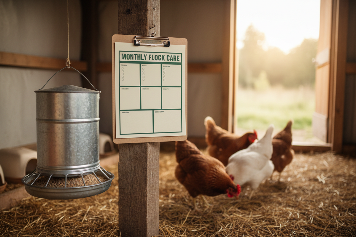 Monthly flock care printable checklist on a clipboard inside a working chicken coop