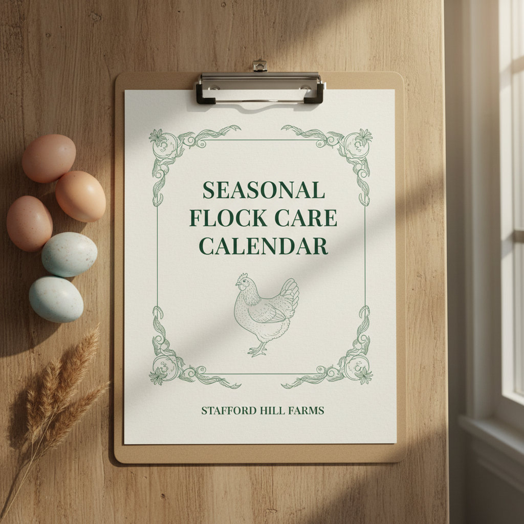 Seasonal Flock Care Calendar printable PDF by Stafford Hill Farms displayed on a clipboard